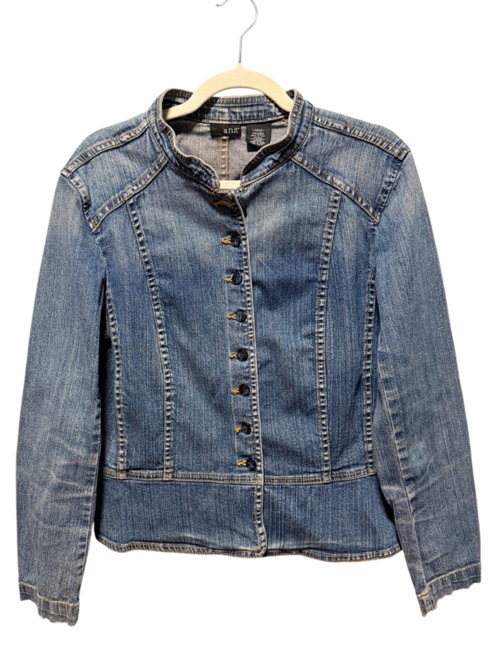 a.n.a Stretch Denim Peplum Jacket Large – Stretch Fitted Button Front